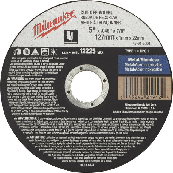 Milwaukee Type 1 5 In. x 0.045 In. x 7/8 In. Metal/Stainless Cut-Off Wheel