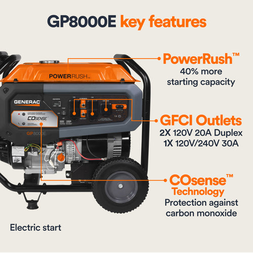 Generac Portable Generator, 8000W | Electric Start with COsense | 49ST/CSA